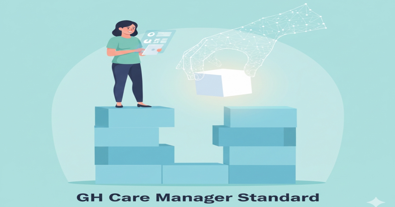 グループホーム（GH）の複雑なケアマネジャー配置基準の遵守、不在時のリスク回避、そしてAI（人工知能）を活用して業務負担を軽減し、安定した人員配置を実現する未来の運営方法を示したイラスト。