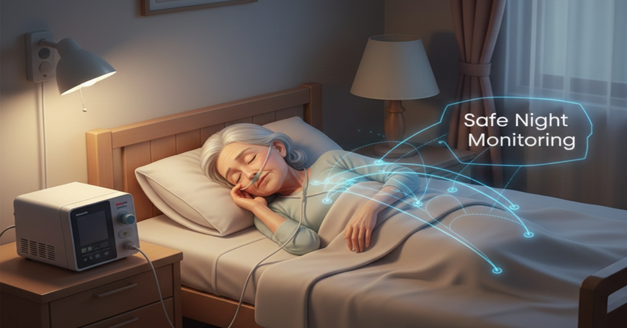 在宅酸素療法（HOT）を行っている高齢者が特養の安全な環境で安眠している様子。AI見守りセンサーが呼吸状態をモニタリングし、夜間のリスクを回避している。入居の不安を解消し、安心感を与えるイラスト。
