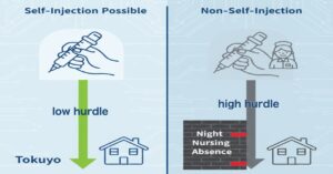 特養におけるインスリン対応の可否を二つのパターンで比較。自己注射が可能な場合は入居ハードルが低いが、自己注射が不可の場合は看護師による対応が必要となり、特に夜間看護師の常駐が最大の壁となることを図示したもの。