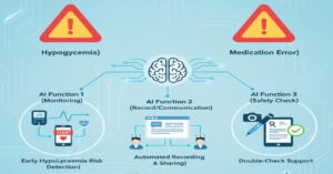 インスリン対応に伴う「低血糖」「誤薬」という重大なリスクを、AIがどのように管理するかを図解。バイタル・血糖値の一元管理と早期アラート、音声入力による記録・申し送りの自動化、AIカメラによるダブルチェック支援の3つの機能。