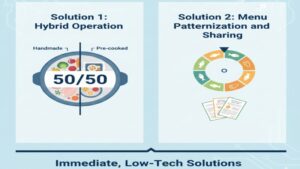 グループホームの調理負担をすぐに軽減するための2つの工夫。「手作り」と「調理済みパック」を組み合わせるハイブリッド運用と、献立のローテーション化・レシピカードによる「パターン化と共有」の図。