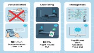 ユニット型特養で導入されたAIの具体的な成功事例。音声入力AIによる記録時間90分削減、AI見守りセンサーによる夜間巡回60%削減、AIシフト作成によるリーダー業務軽減という3つの効果を図示したイラスト。