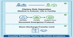 透析患者が特養に入居・継続するための3つの交渉戦略。医療と介護の役割分担を明確化すること、緊急時の連絡フローを書面で共有すること、そして転院（退去）のタイミングを事前に話し合って施設側の心理的負担を軽減すること。