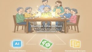 グループホームの本来の目的は「家庭的な雰囲気と安心な暮らし」であり、調理業務の負担を軽減し、職員が笑顔で利用者と交流する「ゆとりの時間」を作ることこそが、最も重要であるという結論を総括したイラスト。