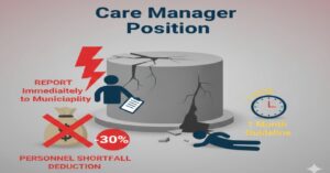 グループホームのケアマネジャーが不在になった際のリスク。人員基準欠如による介護報酬30%減算の重いペナルティと、猶予期間がないため「欠員発生から1ヶ月以内」を目安に速やかに自治体へ報告し、対応することが重要であるという警告図。