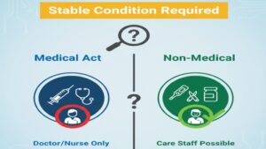 特養における「医療行為」と「生活支援(非医行為)」の法的な境界線を図解したもの。原則は医療職限定だが、爪切りや体温測定など安定状態であれば介護職員でも実施可能な行為があることを示した図。