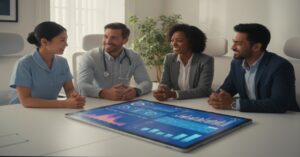 AIのデータを活用してカンファレンスを行う介護チーム