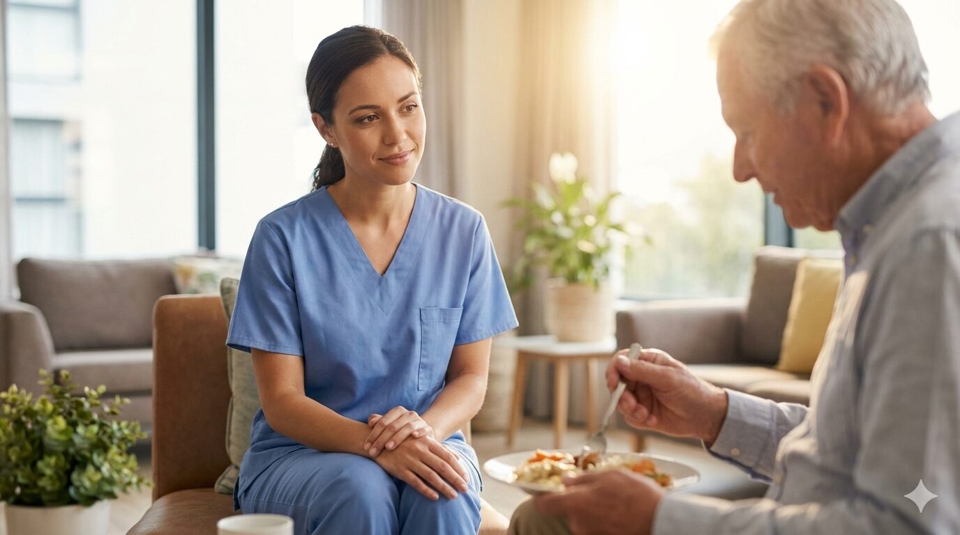 高齢者の食事を優しく見守り、観察するプロの介護職員の様子