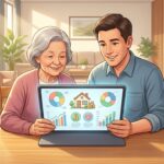 特養の費用シミュレーション結果をタブレットで確認し、安心した表情を浮かべる高齢者とその家族のイラスト。