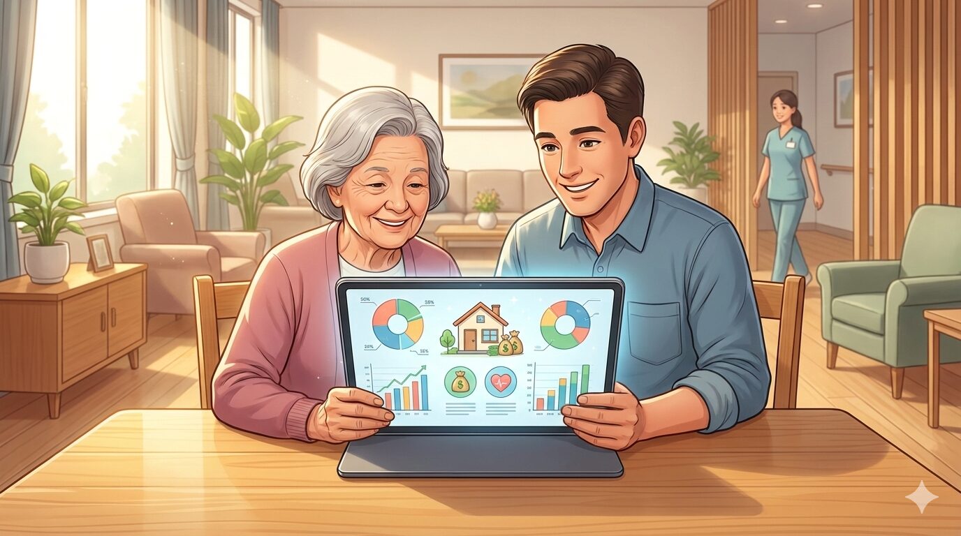 特養の費用シミュレーション結果をタブレットで確認し、安心した表情を浮かべる高齢者とその家族のイラスト。