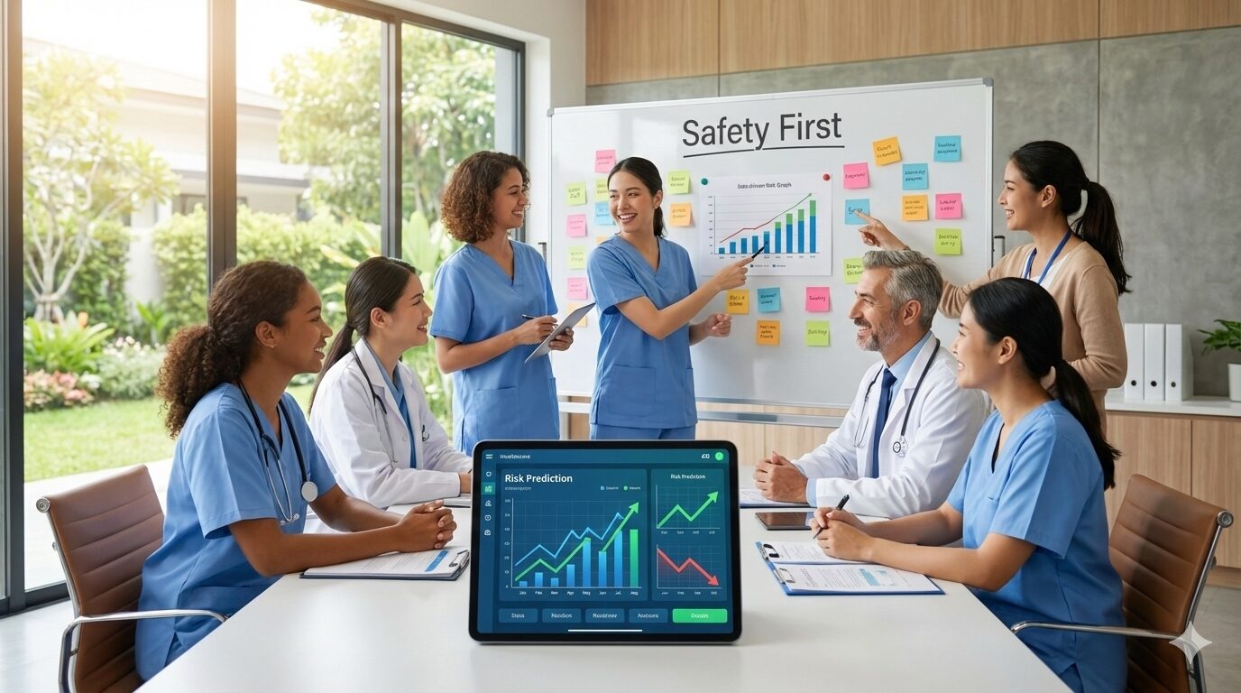 介護施設で危険予測（KYT）ディスカッションを行う多職種チームの様子