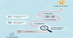 ケアプランにおける短期目標設定の考え方。長期目標に向けた「達成可能で評価しやすい」具体的なステップとして設定し、期間の目安（1～3ヶ月または3～6ヶ月）を明確にすることで、効果的な評価を促す図。