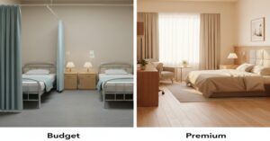 特養の「多床室」と「ユニット型個室」の内装イメージを左右で比較した画像。