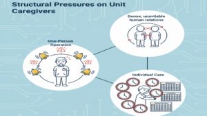 ユニット型特養が「きつい」と言われる構造的な理由である、「ワンオペによる判断のプレッシャー」、「濃密な人間関係と逃げ場のなさ」、「個別ケアによる複雑な業務過多」の3つをシンボルで示した図。