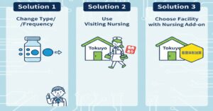 インスリン自己注射ができない高齢者が特養に入居するための3つの具体的な解決策。主治医との相談による投与回数の変更、条件付きの訪問看護の利用、そして手厚い看護体制加算を算定している施設を選ぶこと。