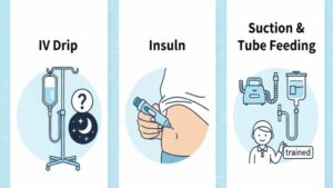 特養における対応可能な医療行為の具体例として、点滴、インスリン注射、喀痰吸引・経管栄養の3つを取り上げ、それぞれ「誰が」「どのような条件で」実施できるかをQ&A形式で解説した図。