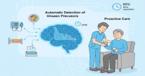 透析患者のケアにおけるAI活用。バイタルデータ、食事量、睡眠状態などから「透析後の体調不良の予兆」や「血圧低下のパターン」をAIが自動で検知し、職員が事前にリスクの高い時間帯に備える「先回りケア」を可能にする様子。