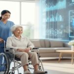 車椅子利用者を介助する介護職員と、AIによる安全性分析のイメージ図