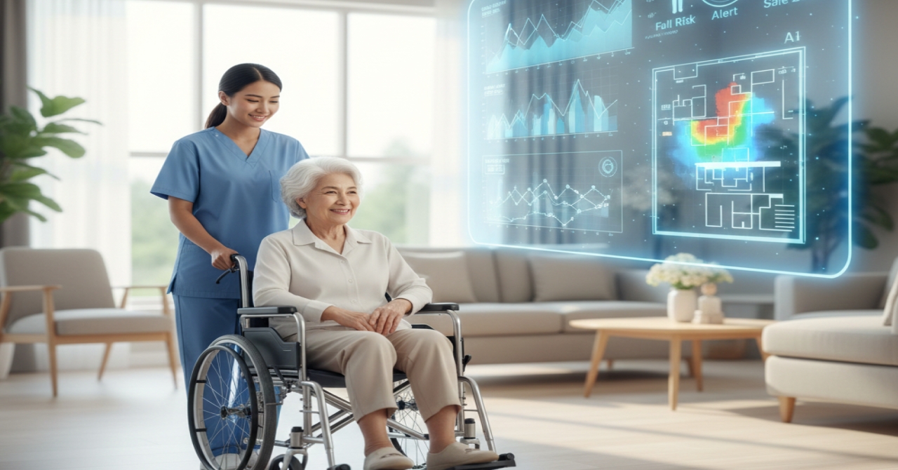 車椅子利用者を介助する介護職員と、AIによる安全性分析のイメージ図