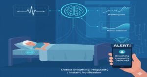 在宅酸素使用者の最大の課題である夜間の呼吸状態管理を、AI見守りセンサーが解決する仕組み。非接触センサーが呼吸数、心拍数をリアルタイムでモニタリングし、異常をAIが検知して職員へ即座に通知する様子。