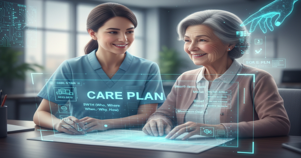認知症グループホームのケアプラン（介護計画書）作成における、ご本人中心の計画書作成、短期目標の具体的な設定方法、そしてAI（人工知能）を活用した作成支援システムを図解したイラスト。