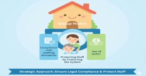 グループホームの安定運営には、「ケアマネ配置基準の法令遵守」と「AI・ICT活用による職員の業務負担軽減」という二つの戦略が不可欠であること。制度を守ることがご利用者の生活を守り、AIがその職員を守るという結論を総括したイラスト。