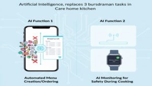 AIとテクノロジーがグループホームの調理の悩みを解決する仕組み。「冷蔵庫の食材」や「予算」に基づきAIが最適な献立を自動提案し、ネットスーパーに自動発注すること、およびAI見守りセンサーが調理中の見守り負担を軽減することを示した図。