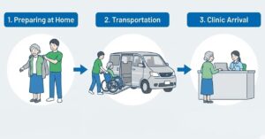 通院等乗降介助の3つの工程（乗車前、乗降、降車後）の図解イメージ