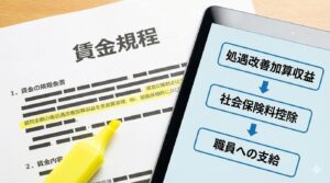 賃金規程の記載例と、加算から法定福利費を控除する流れのイメージ