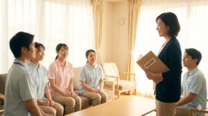 規程を基に職員へ丁寧に説明し、信頼関係を築く管理者の姿