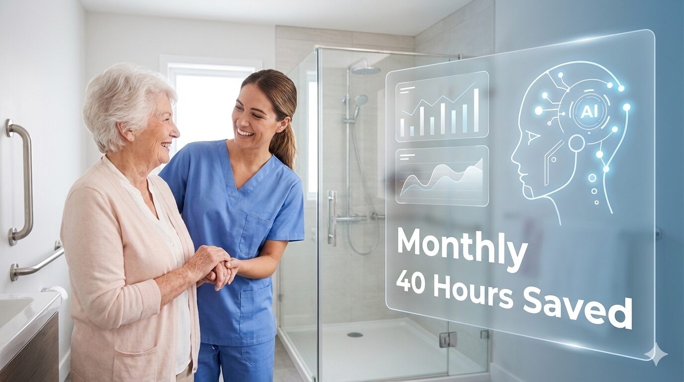 入浴介助加算の業務をAIで効率化し、笑顔が増える介護現場のイメージ