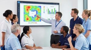 AIが分析した事故データに基づき、具体策を話し合う介護チーム