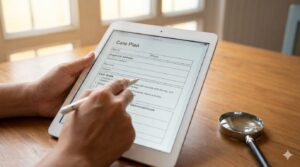 ケアプラン第2表のニーズと目標を整理・記入している様子