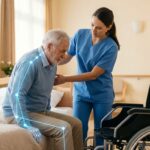 重い人の移乗介助でも腰を痛めないボディメカニクスとAI技術のイメージ