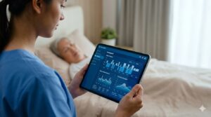 AI見守りセンサーの予測データを確認する介護職員