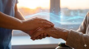 人のぬくもりとAI技術が調和した理想的な介護現場のイメージ