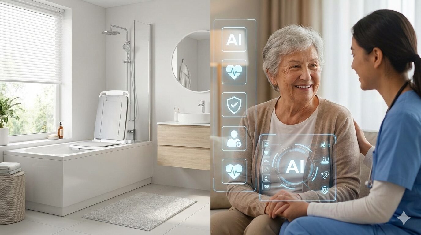 家庭用入浴介助リフトとAI見守り機能が融合した安心な在宅介護のイメージ