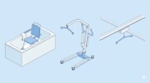 入浴リフトの3つの主要タイプ（バスリフト、移動用リフト、天井リフト）の比較図解