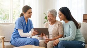 ケアマネジャーにリフト導入について相談し、安心する家族の様子