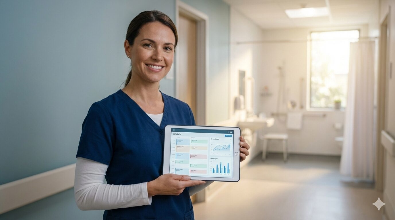 AIを活用して効率化された入浴介助現場で笑顔を見せる介護職員