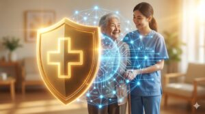 利用者と職員を守る盾としてのマニュアルと、それを支えるAI技術のイメージ