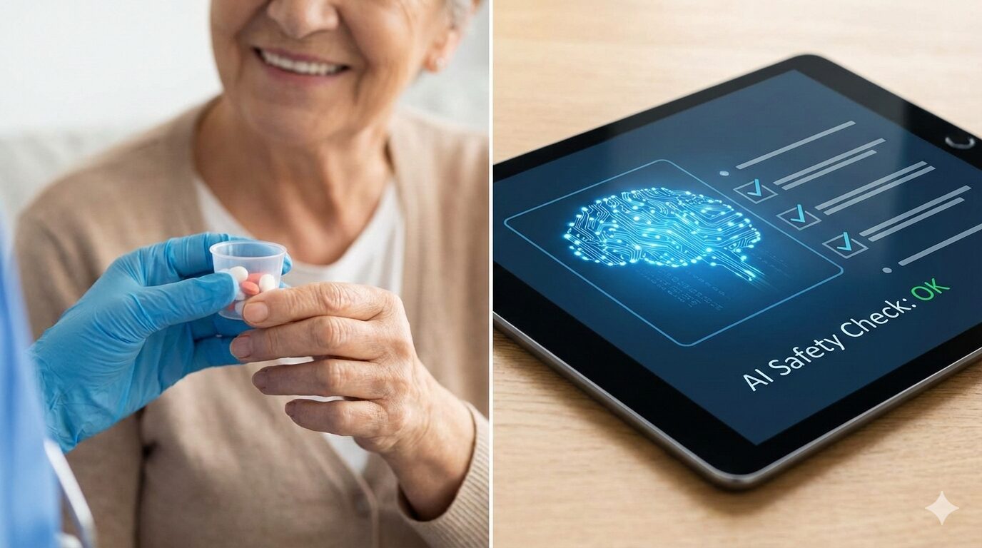 介護職による服薬介助の様子と、AIによる安全チェックシステムのイメージ