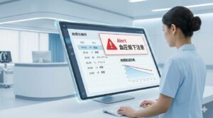 AIによる服薬アラートと注意事項のポップアップ表示、および時間削減効果のイメージ