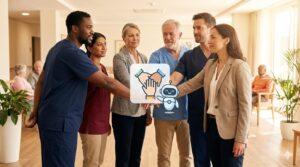 AIを味方につけ、チーム一丸となって課題解決に向かう介護スタッフの様子