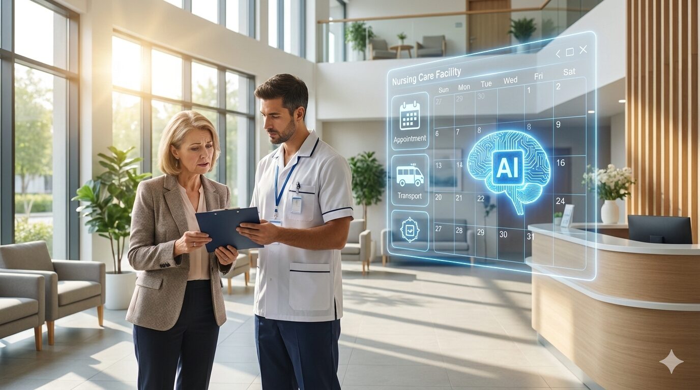 特養の通院介助について相談する家族と職員、背後に効率化を象徴するAIのイメージ