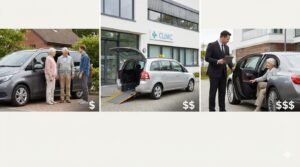 特養入居者の通院手段（家族・介護タクシー・民間代行）と費用のイメージ