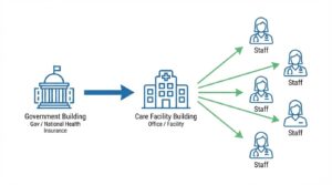 国保連から事業所を経て職員へ分配される処遇改善加算の支給フローチャート