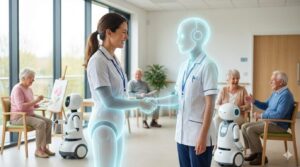 介護職員とAIがパートナーとして協力し合い、明るい介護現場を作るイメージ