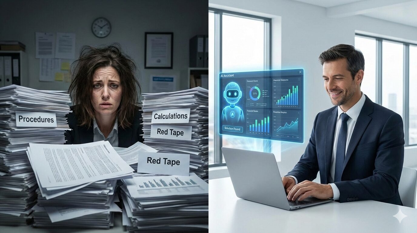 処遇改善加算の複雑な事務作業に悩む管理者と、AI活用で効率化し余裕のある管理者の対比