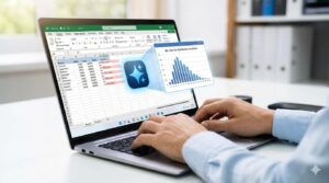 AIがエクセルの計算ミスをチェックし、配分シミュレーションをグラフ化する様子